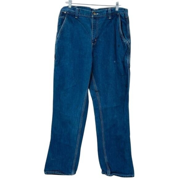 Carhartt Fire Resistant Carpenter Jeans Mens 34 Blue Workwear‎ Stained Rigid - Picture 1 of 11